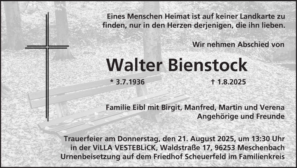  Traueranzeige für Walter Bienstock vom 16.08.2025 aus MGO
