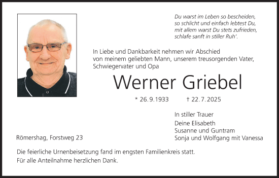 Anzeige von Werner Griebel von MGO