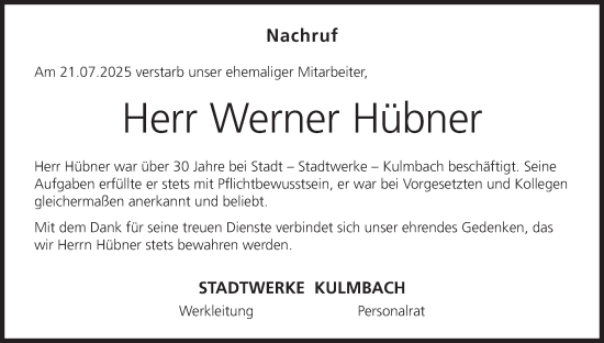 Anzeige von Werner Hübner von MGO