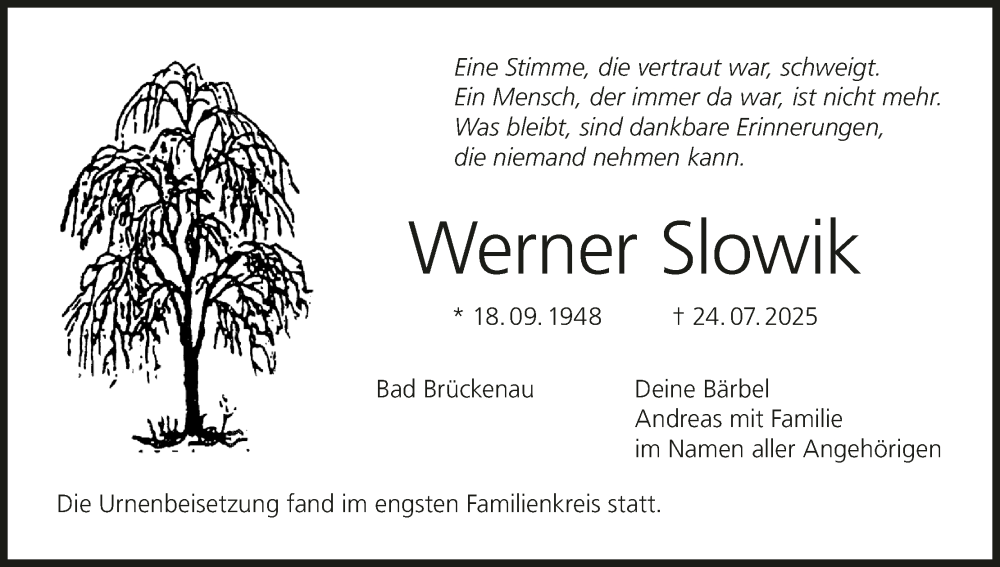  Traueranzeige für Werner Slowik vom 09.08.2025 aus MGO