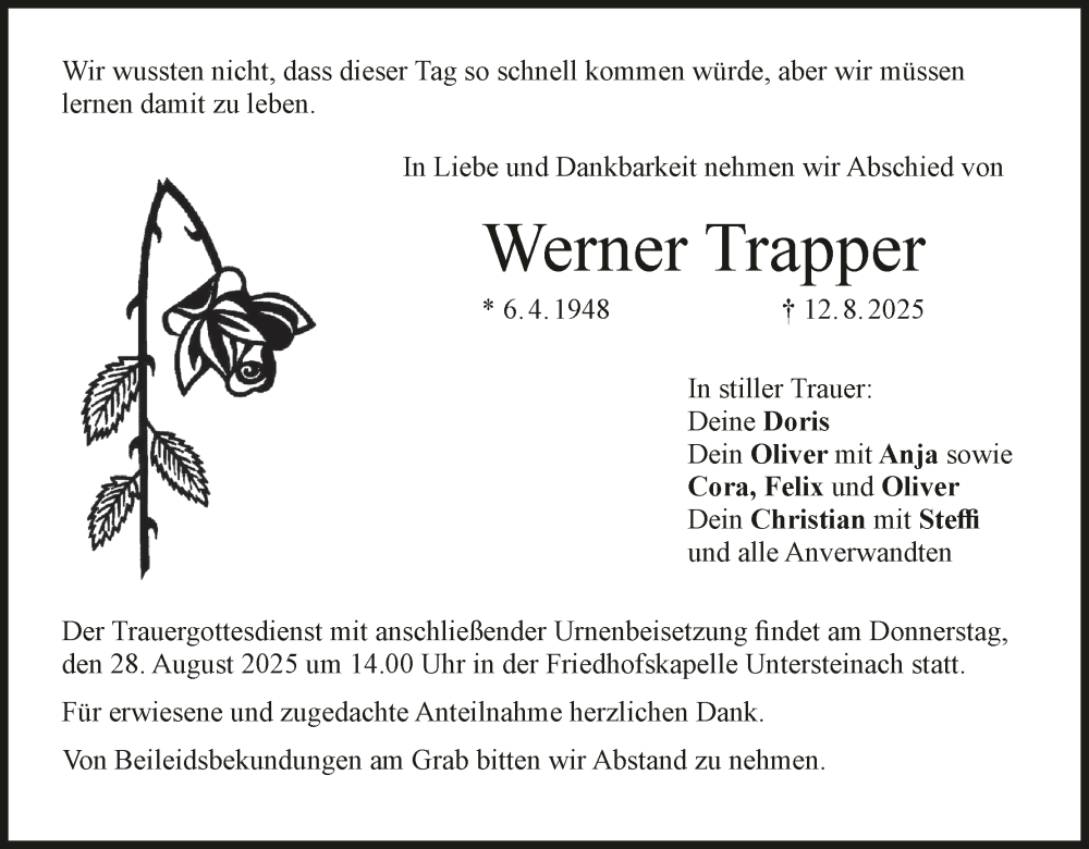  Traueranzeige für Werner Trapper vom 23.08.2025 aus MGO