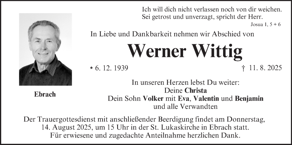  Traueranzeige für Werner Wittig vom 13.08.2025 aus MGO