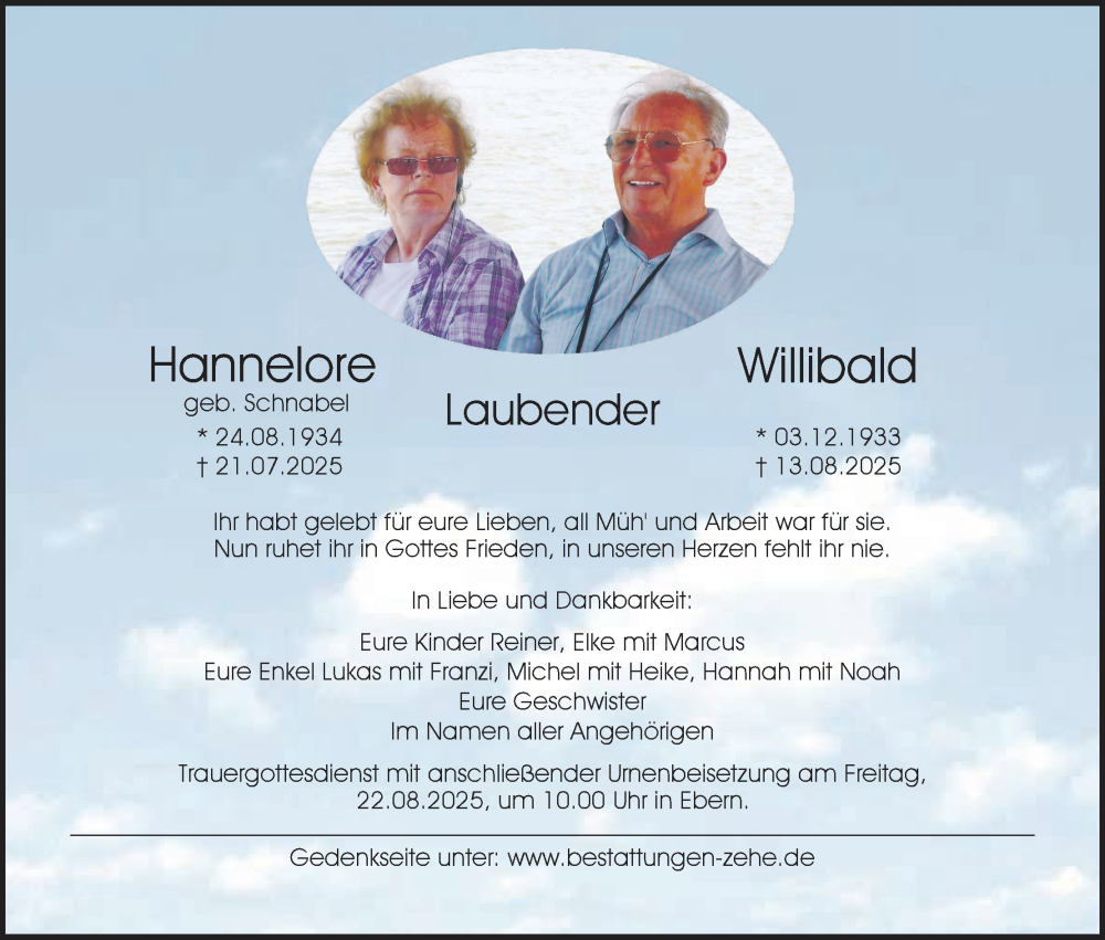  Traueranzeige für Willibald Laubender vom 16.08.2025 aus MGO