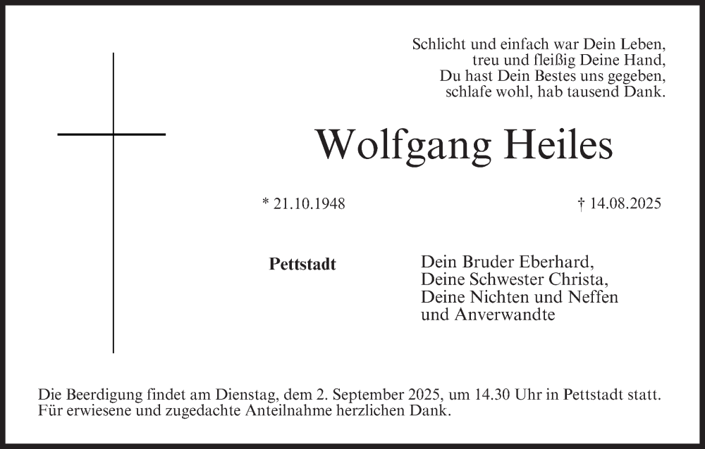  Traueranzeige für Wolfgang Heiles vom 23.08.2025 aus MGO