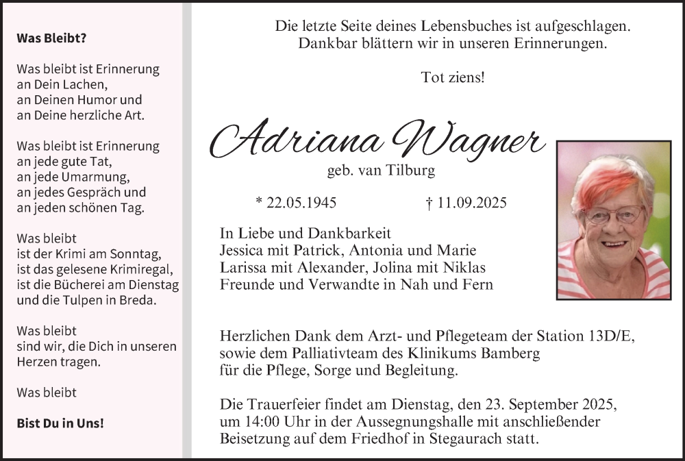  Traueranzeige für Adriana Wagner vom 20.09.2025 aus MGO