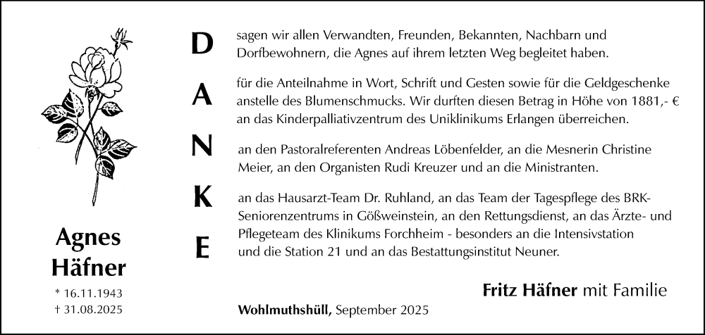  Traueranzeige für Agnes Häfner vom 27.09.2025 aus MGO