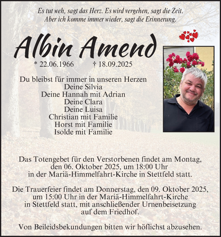  Traueranzeige für Albin Amend vom 27.09.2025 aus MGO