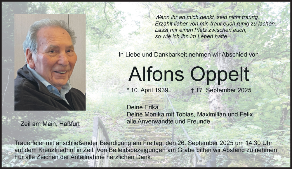  Traueranzeige für Alfons Oppelt vom 23.09.2025 aus MGO