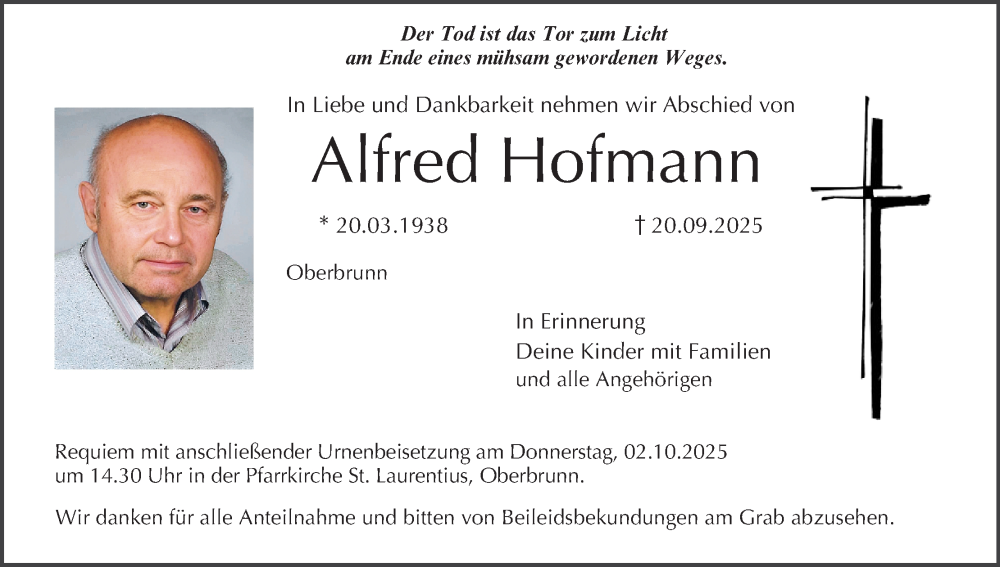  Traueranzeige für Alfred Hofmann vom 27.09.2025 aus MGO