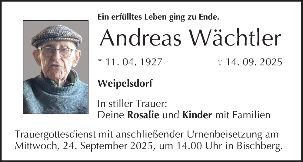  Traueranzeige für Andreas Wächtler vom 22.09.2025 aus MGO