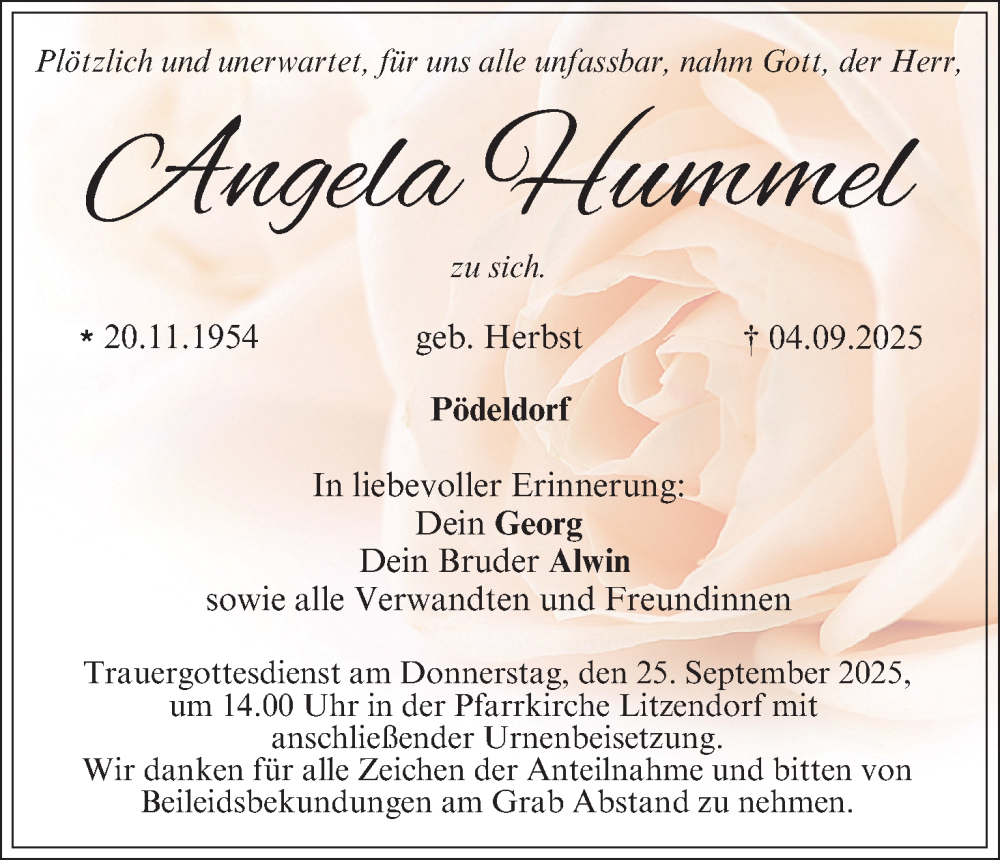  Traueranzeige für Angela Hummel vom 20.09.2025 aus MGO