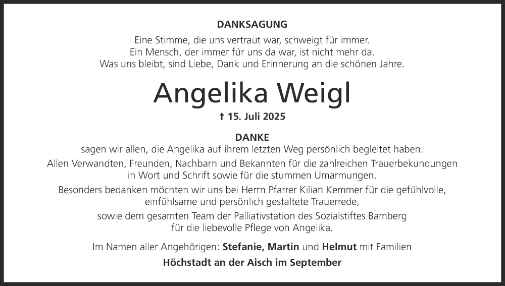  Traueranzeige für Angelika Weigl vom 20.09.2025 aus MGO