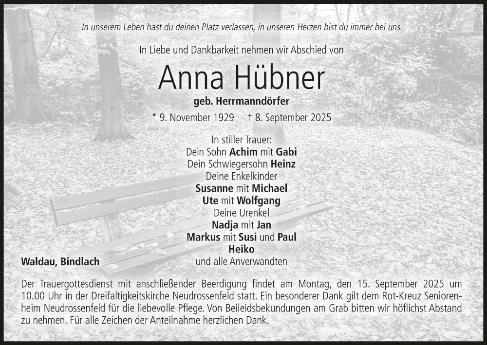  Traueranzeige für Anna Hübner vom 11.09.2025 aus MGO