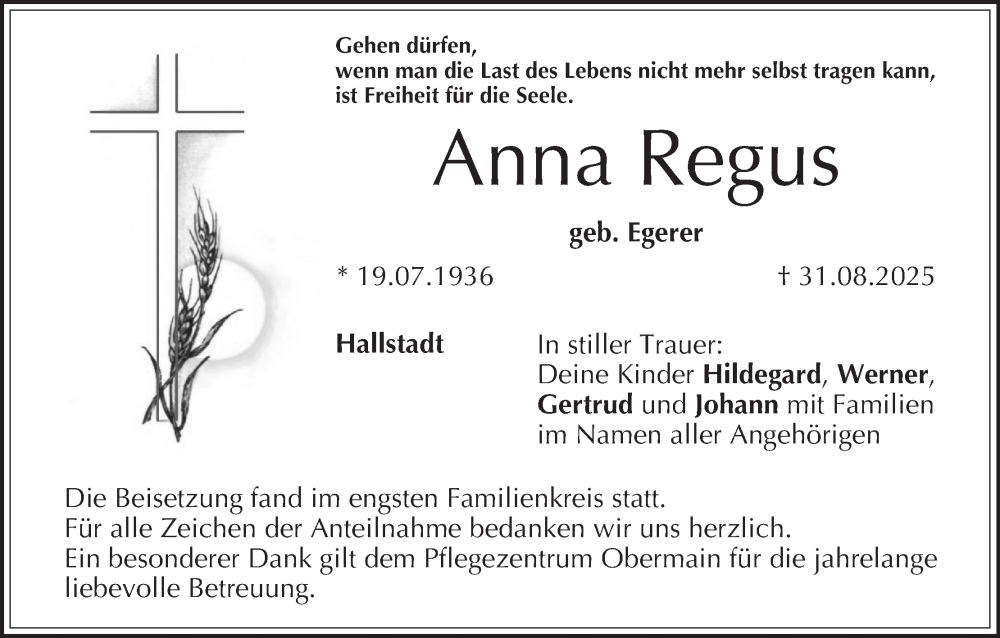  Traueranzeige für Anna Regus vom 13.09.2025 aus MGO