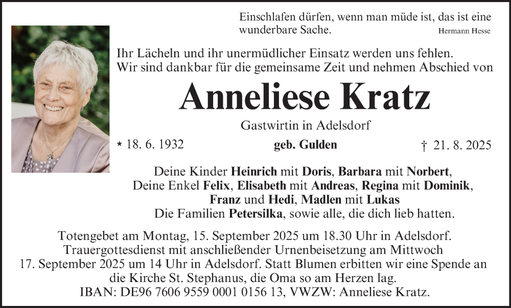  Traueranzeige für Anneliese Kratz vom 13.09.2025 aus MGO