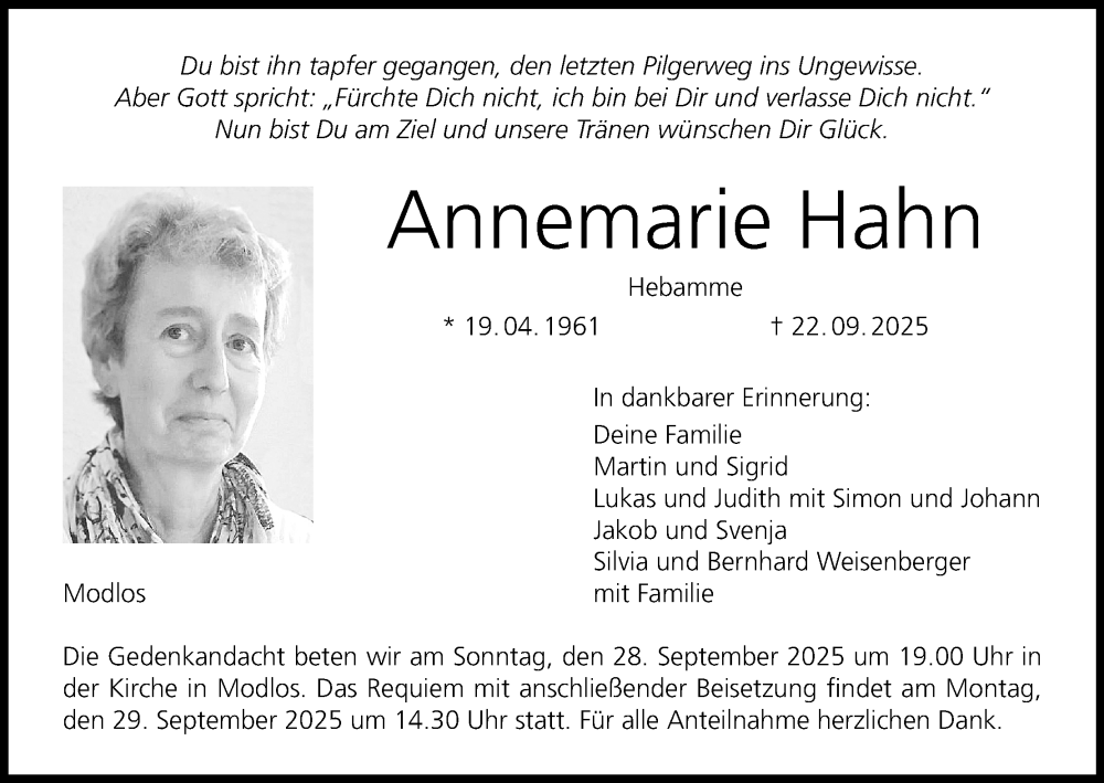  Traueranzeige für Annemarie Hahn vom 27.09.2025 aus MGO