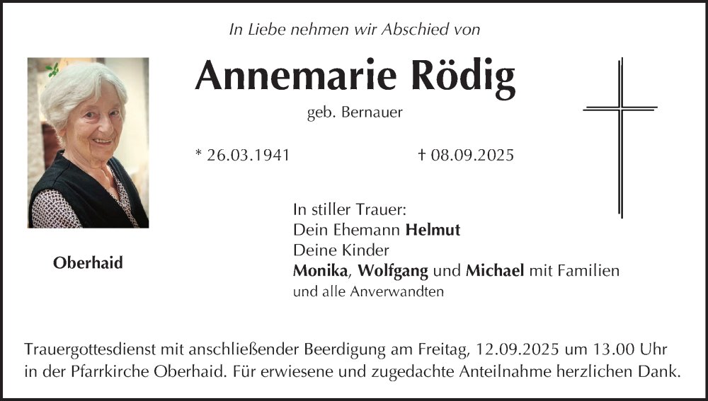  Traueranzeige für Annemarie Rödig vom 11.09.2025 aus MGO