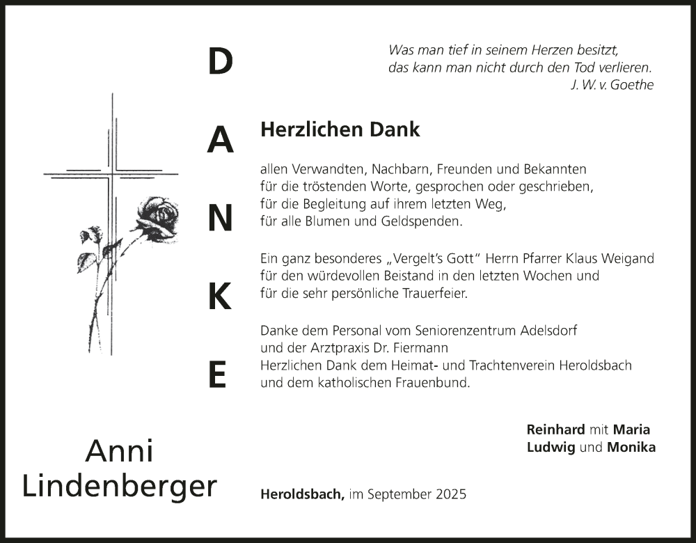  Traueranzeige für Anni Lindenberger vom 27.09.2025 aus MGO