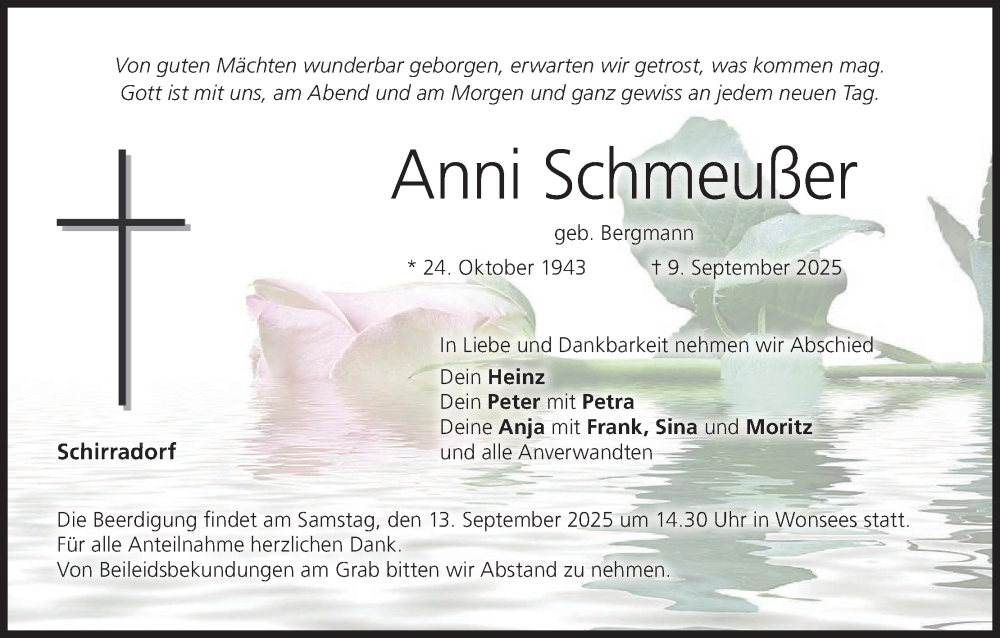  Traueranzeige für Anni Schmeußer vom 11.09.2025 aus MGO