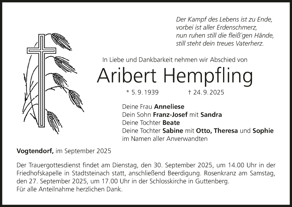 Traueranzeige für Aribert Hempfling vom 26.09.2025 aus MGO