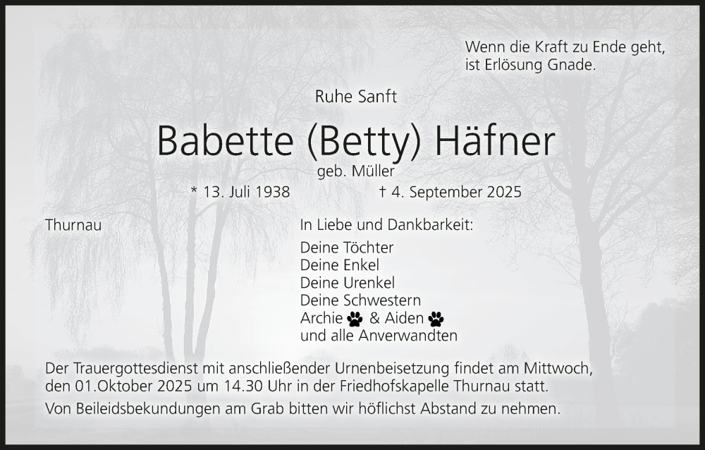  Traueranzeige für Babette Häfner vom 27.09.2025 aus MGO