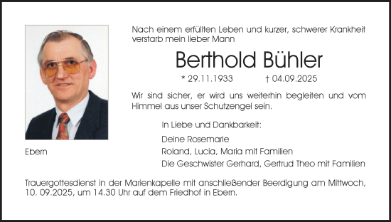 Anzeige von Berthold Bühler von MGO