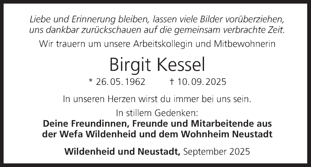  Traueranzeige für Birgit Kessel vom 26.09.2025 aus MGO