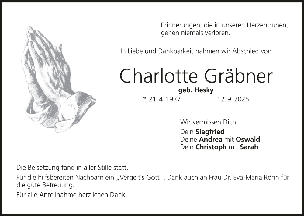  Traueranzeige für Charlotte Gräbner vom 20.09.2025 aus MGO