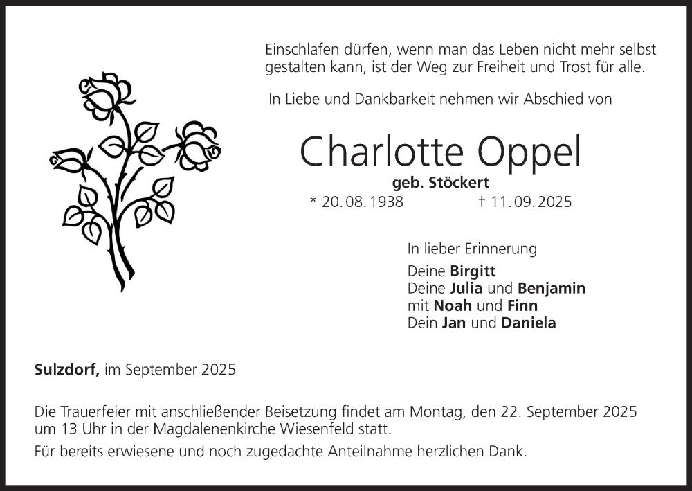  Traueranzeige für Charlotte Oppel vom 18.09.2025 aus MGO
