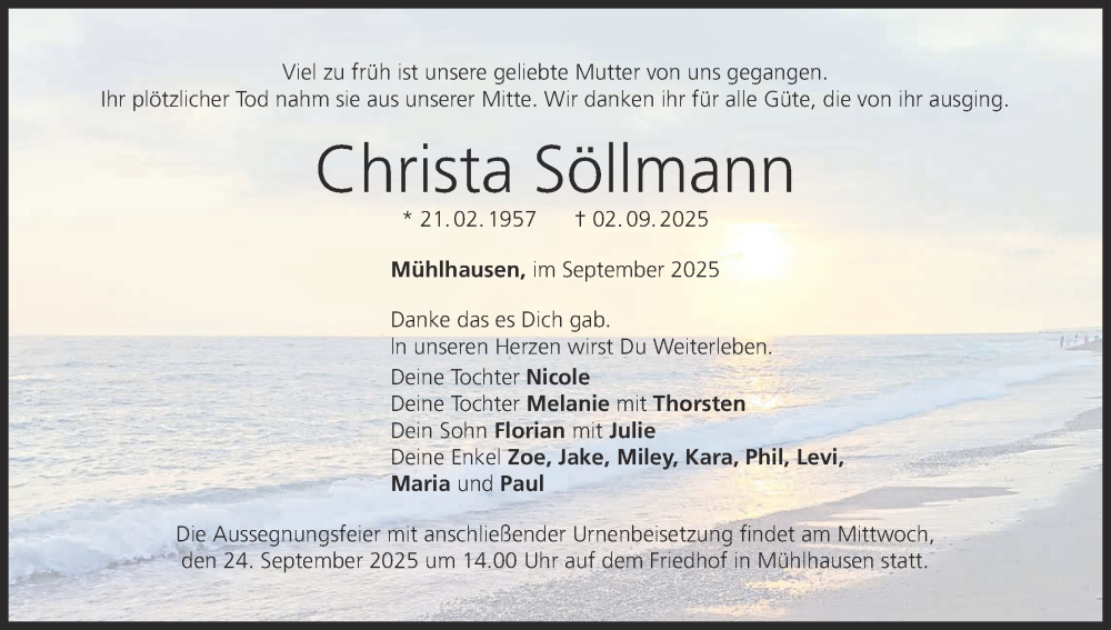  Traueranzeige für Christa Söllmann vom 20.09.2025 aus MGO