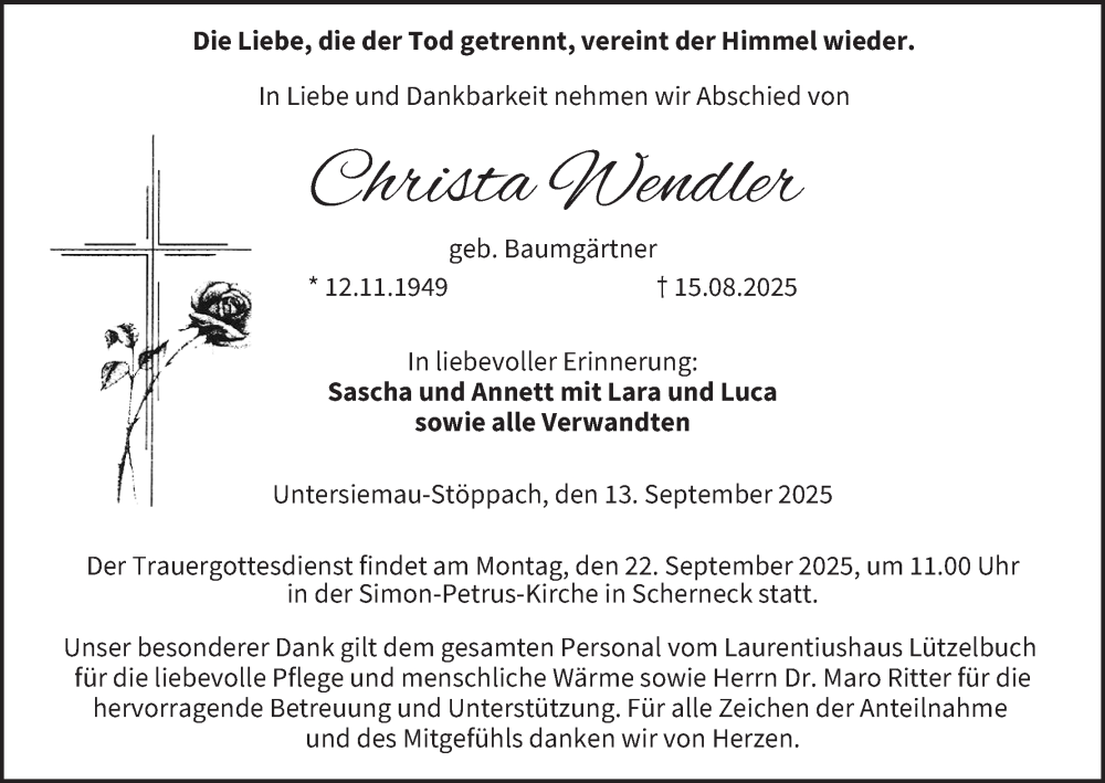  Traueranzeige für Christa Wendler vom 13.09.2025 aus MGO