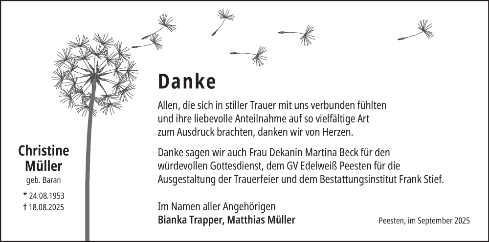  Traueranzeige für Christine Müller vom 27.09.2025 aus MGO