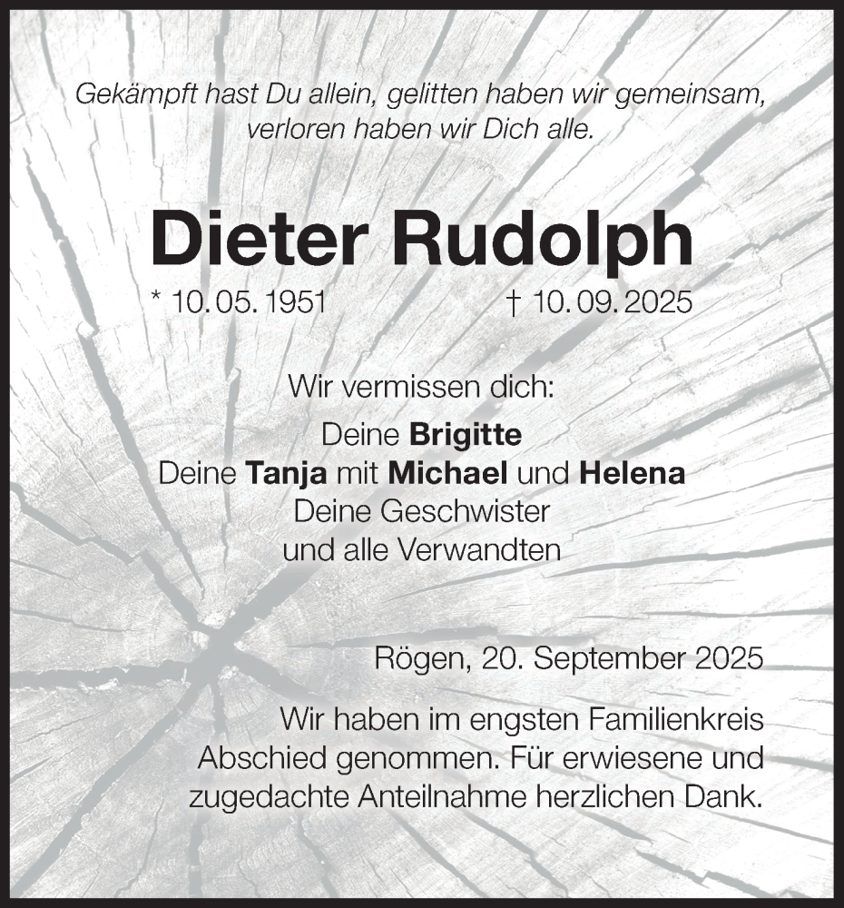  Traueranzeige für Dieter Rudolph vom 20.09.2025 aus MGO