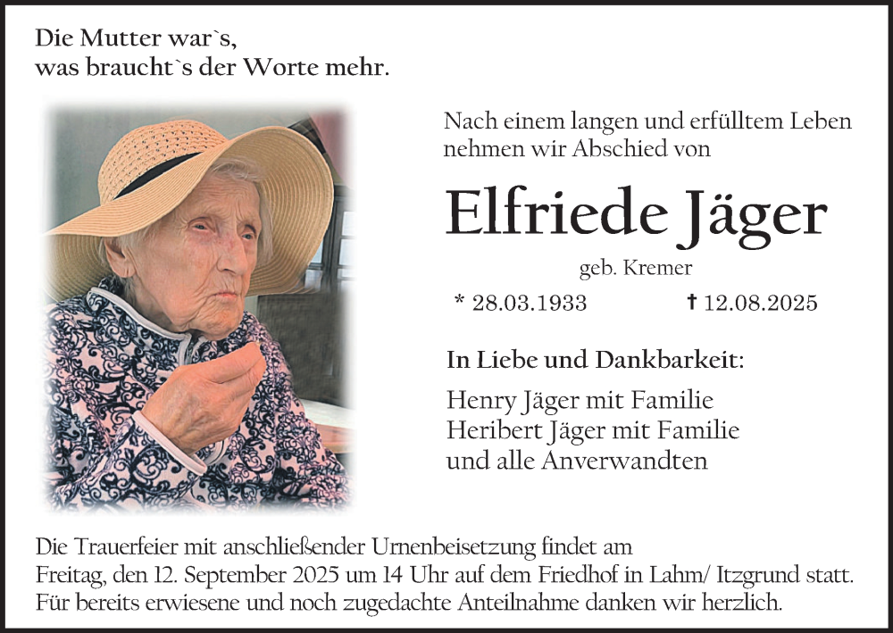  Traueranzeige für Elfriede Jäger vom 06.09.2025 aus MGO