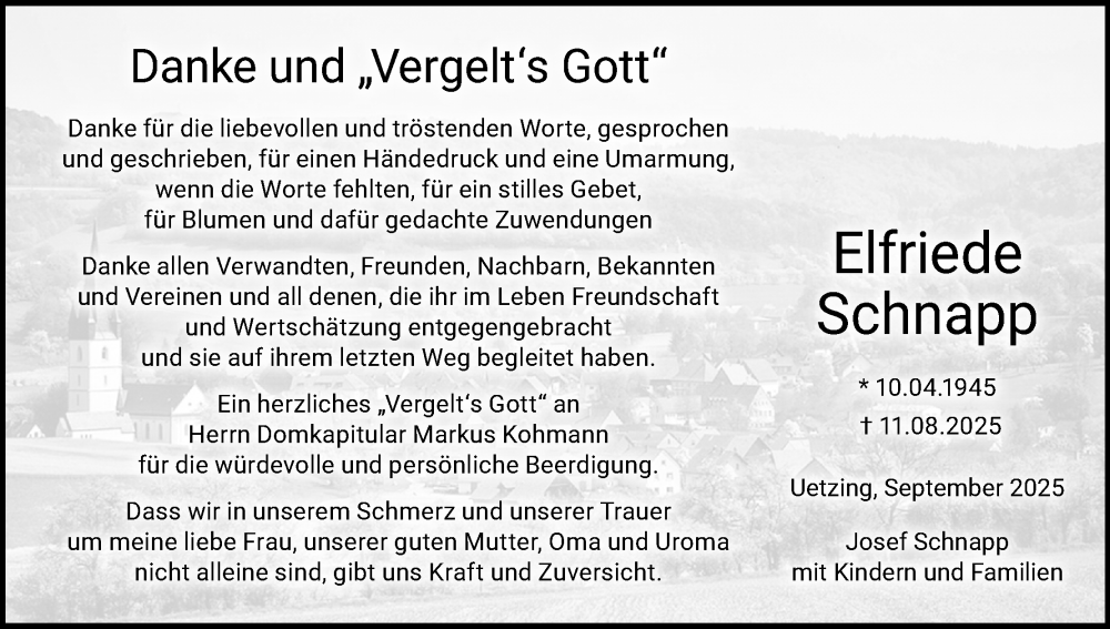  Traueranzeige für Elfriede Schnapp vom 27.09.2025 aus MGO
