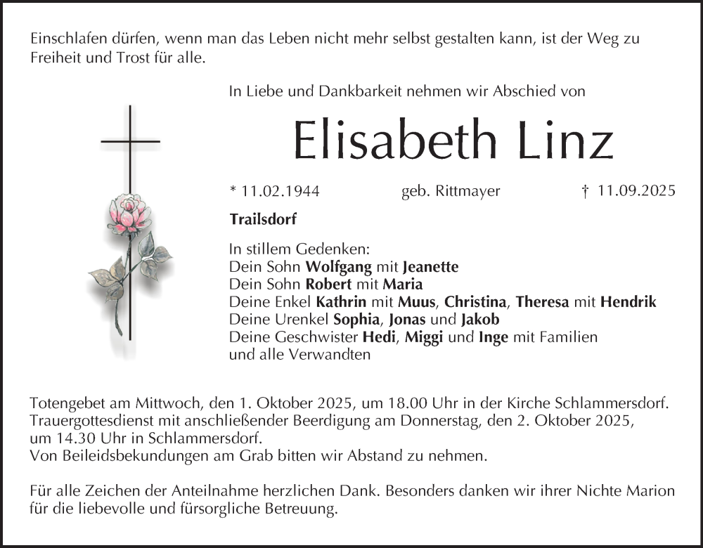  Traueranzeige für Elisabeth Linz vom 27.09.2025 aus MGO