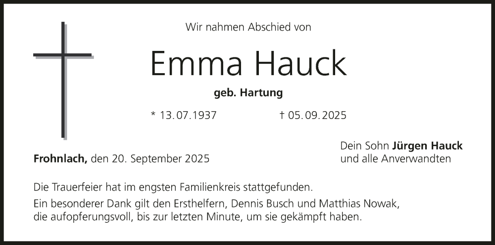  Traueranzeige für Emma Hauck vom 20.09.2025 aus MGO