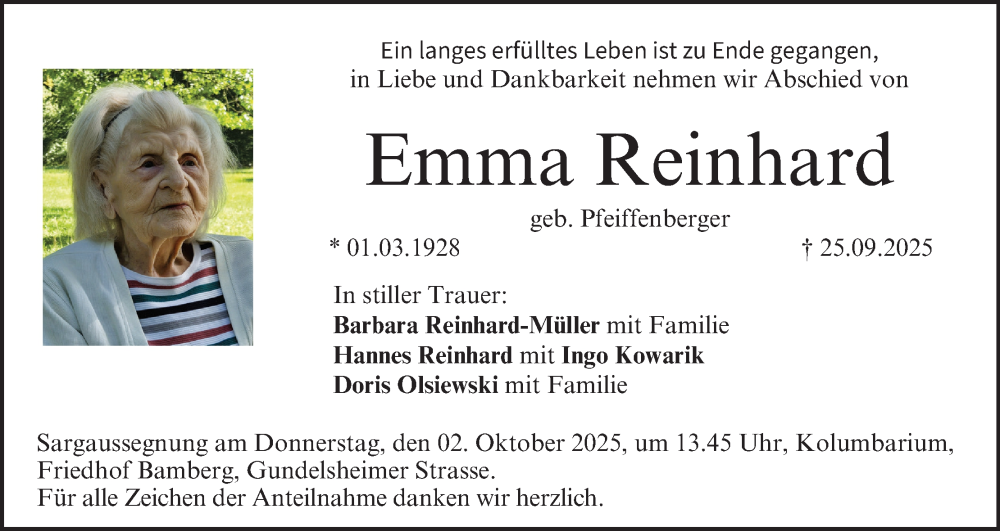  Traueranzeige für Emma Reinhard vom 27.09.2025 aus MGO