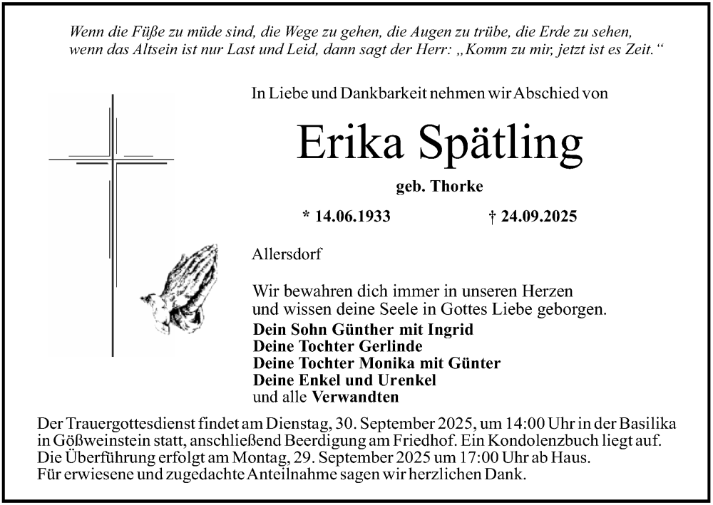  Traueranzeige für Erika Spätling vom 27.09.2025 aus MGO