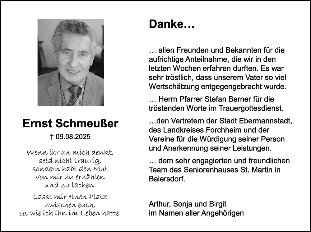  Traueranzeige für Ernst Schmeußer vom 13.09.2025 aus MGO