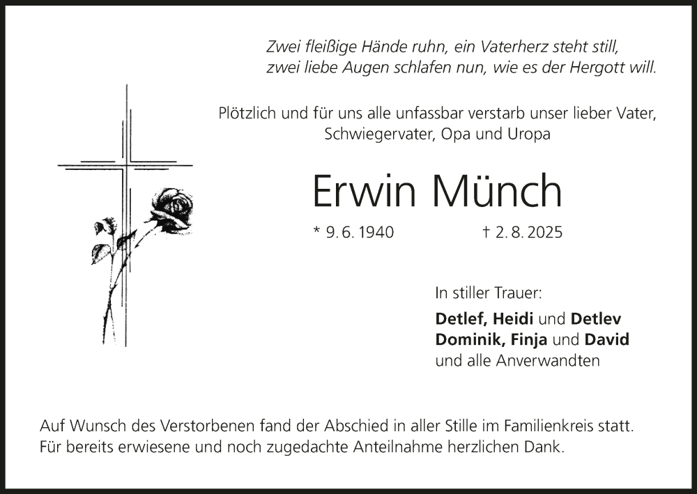  Traueranzeige für Erwin Münch vom 06.09.2025 aus MGO