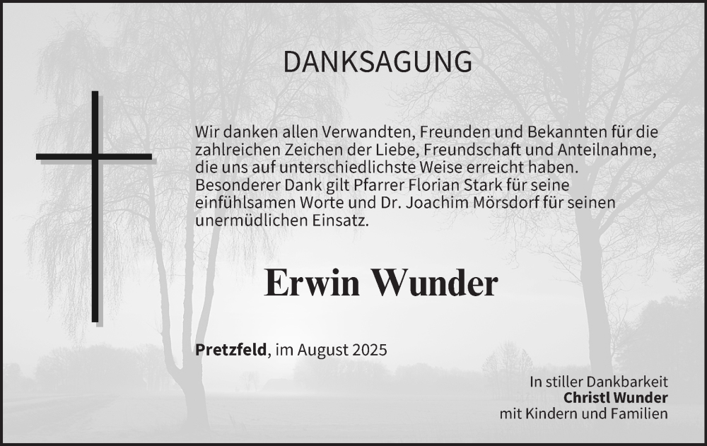  Traueranzeige für Erwin Wunder vom 06.09.2025 aus MGO
