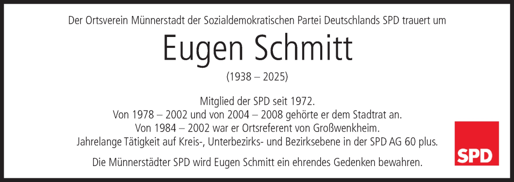  Traueranzeige für Eugen Schmitt vom 16.09.2025 aus MGO