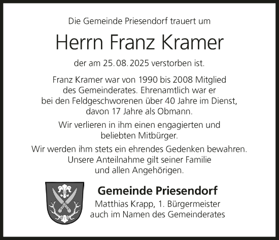 Anzeige von Franz Kramer von MGO