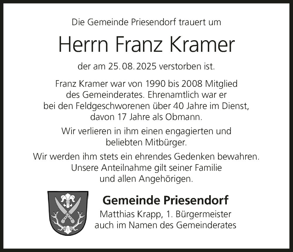  Traueranzeige für Franz Kramer vom 13.09.2025 aus MGO