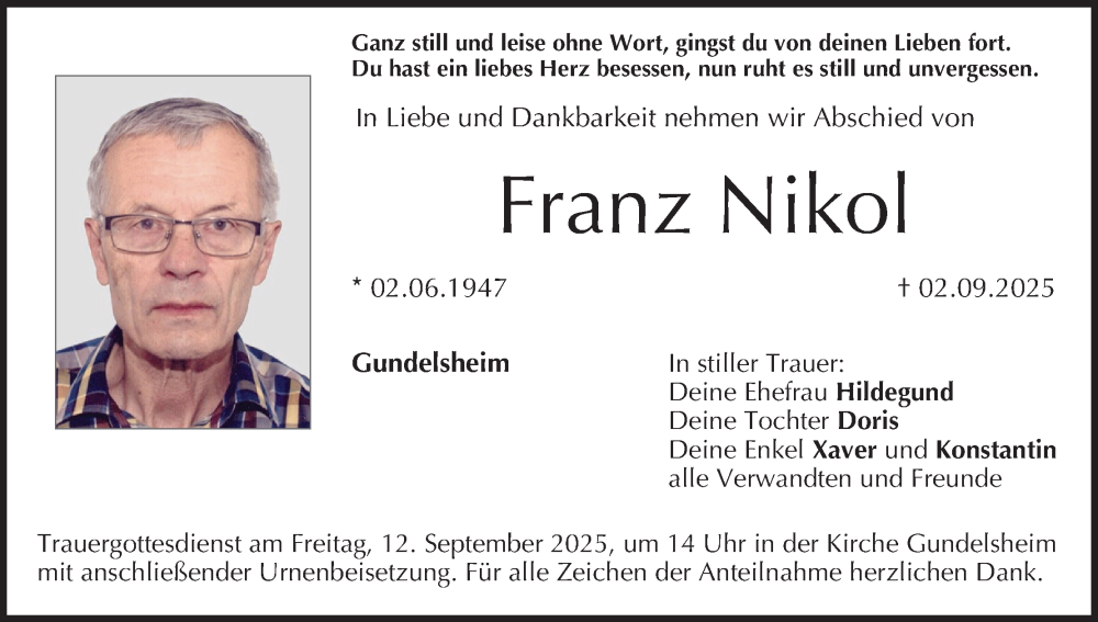 Traueranzeige für Franz Nikol vom 06.09.2025 aus MGO