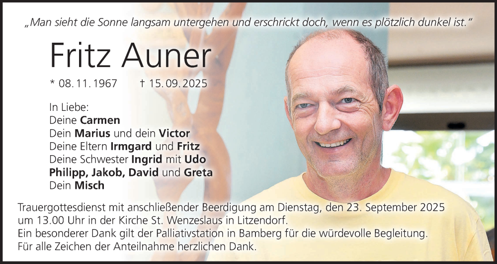 Traueranzeige für Fritz Auner vom 20.09.2025 aus MGO