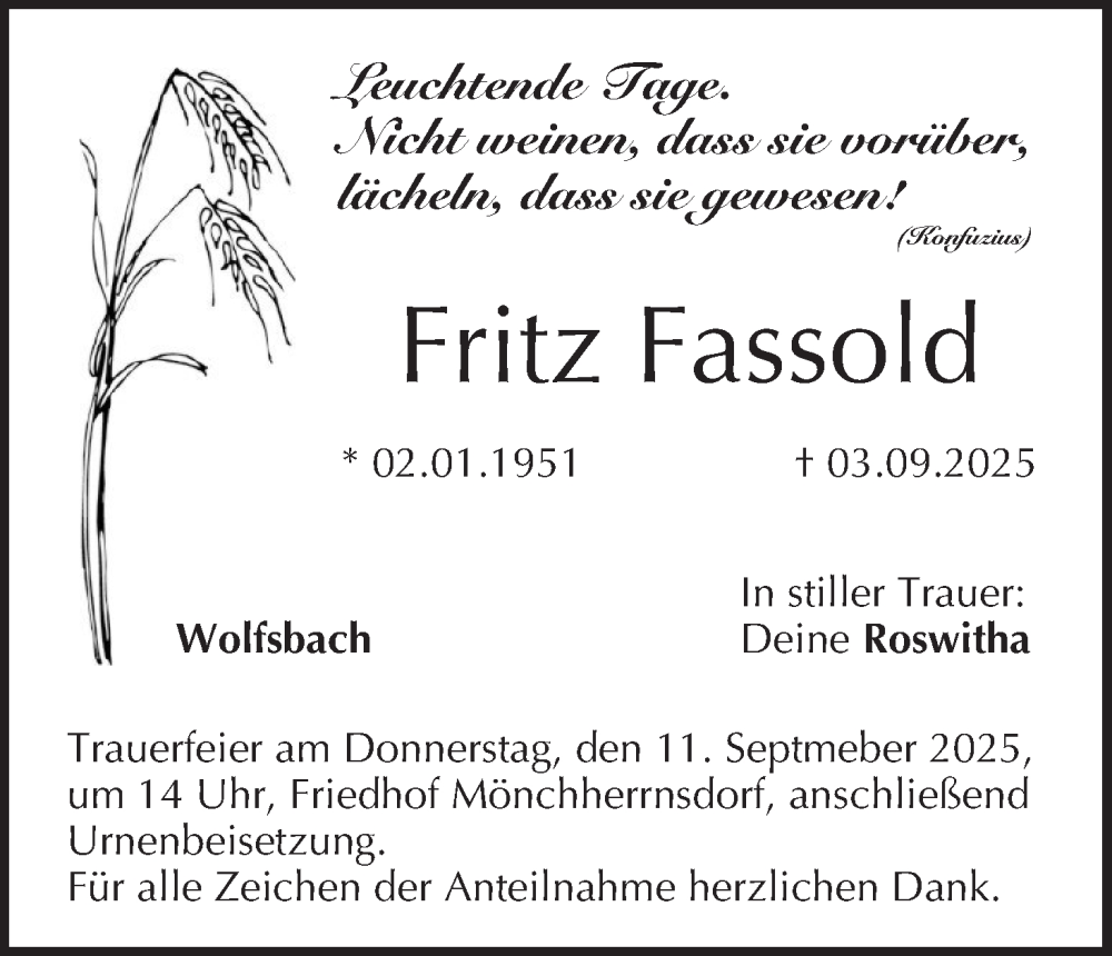  Traueranzeige für Fritz Fassold vom 06.09.2025 aus MGO