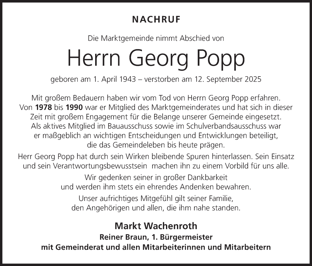  Traueranzeige für Georg Popp vom 25.09.2025 aus MGO