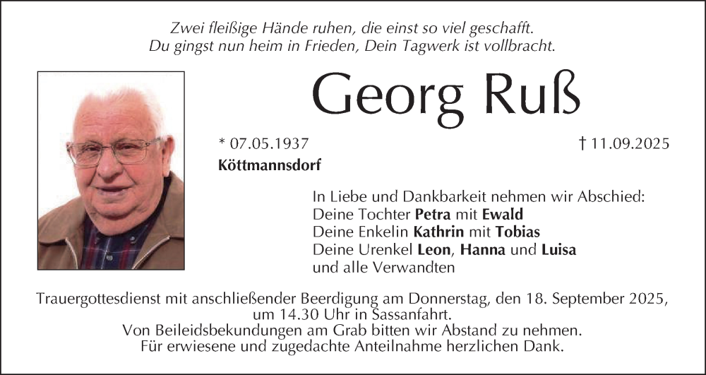  Traueranzeige für Georg Ruß vom 13.09.2025 aus MGO